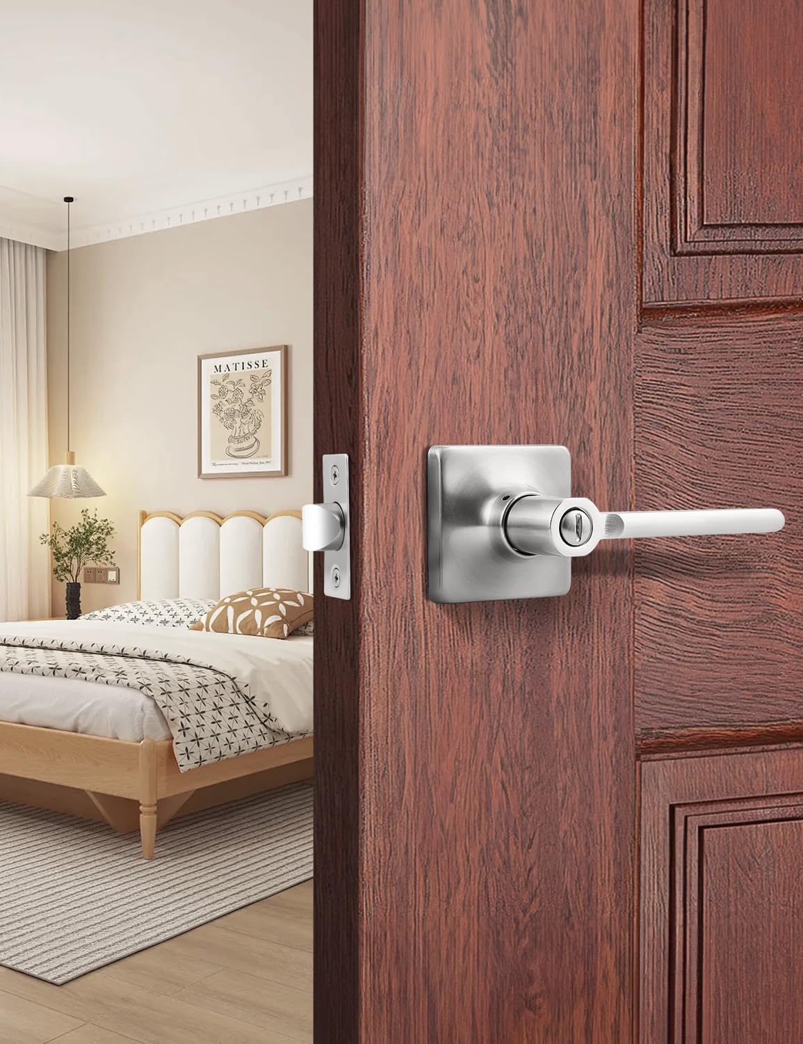Mengico Paquete de 2 manijas de puerta de privacidad, níquel satinado, sin llave, cerradura cuadrada resistente para dormitorio y baño, manija de puerta plana reversible