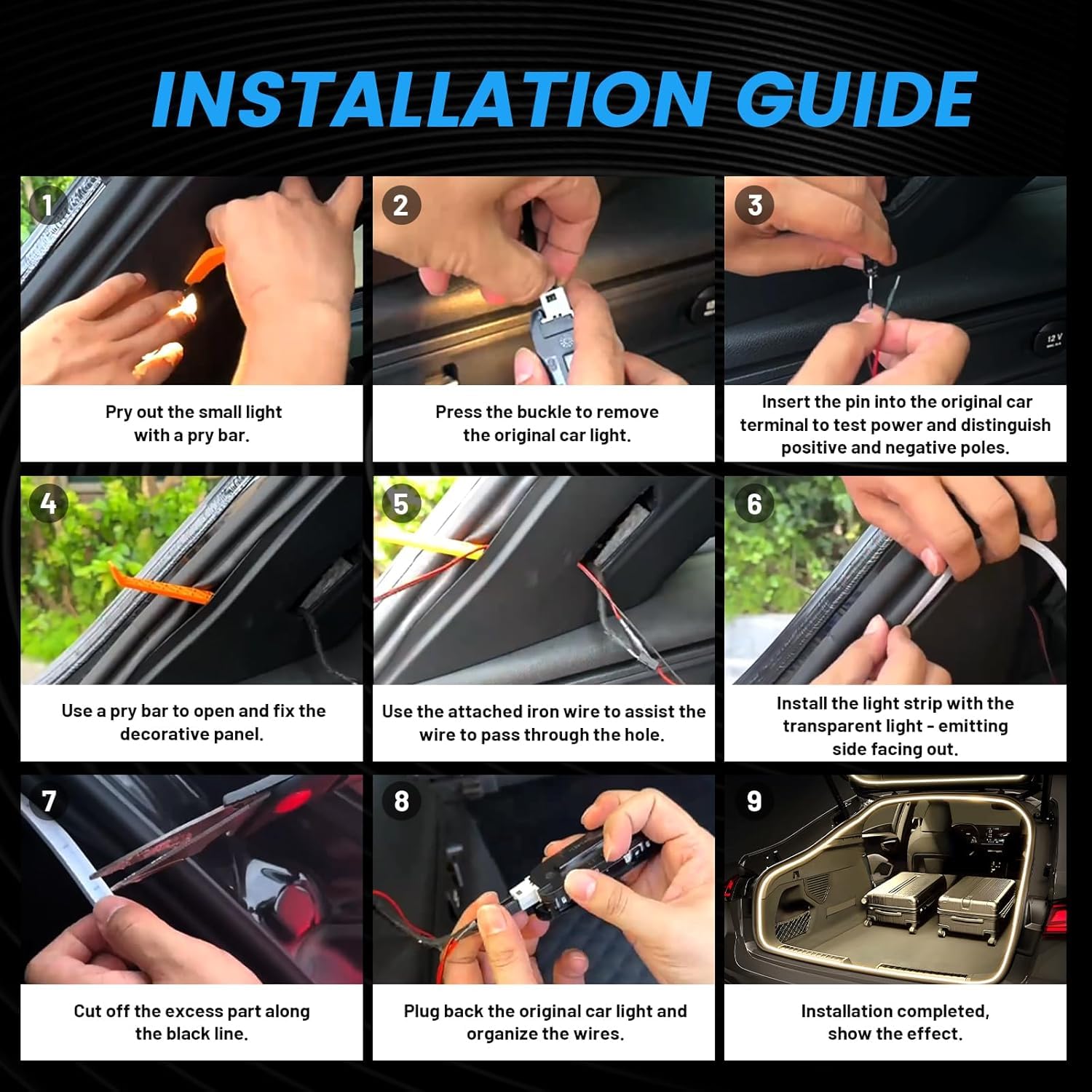 Pasek świetlny do bagażnika, 4 m, Dynamic Flowing Car Trunk Light Strip, oświetlenie do bagażnika, oświetlenie wewnętrzne samochodu, automatyczny czujnik, do dekoracji bagażnika samochodowego