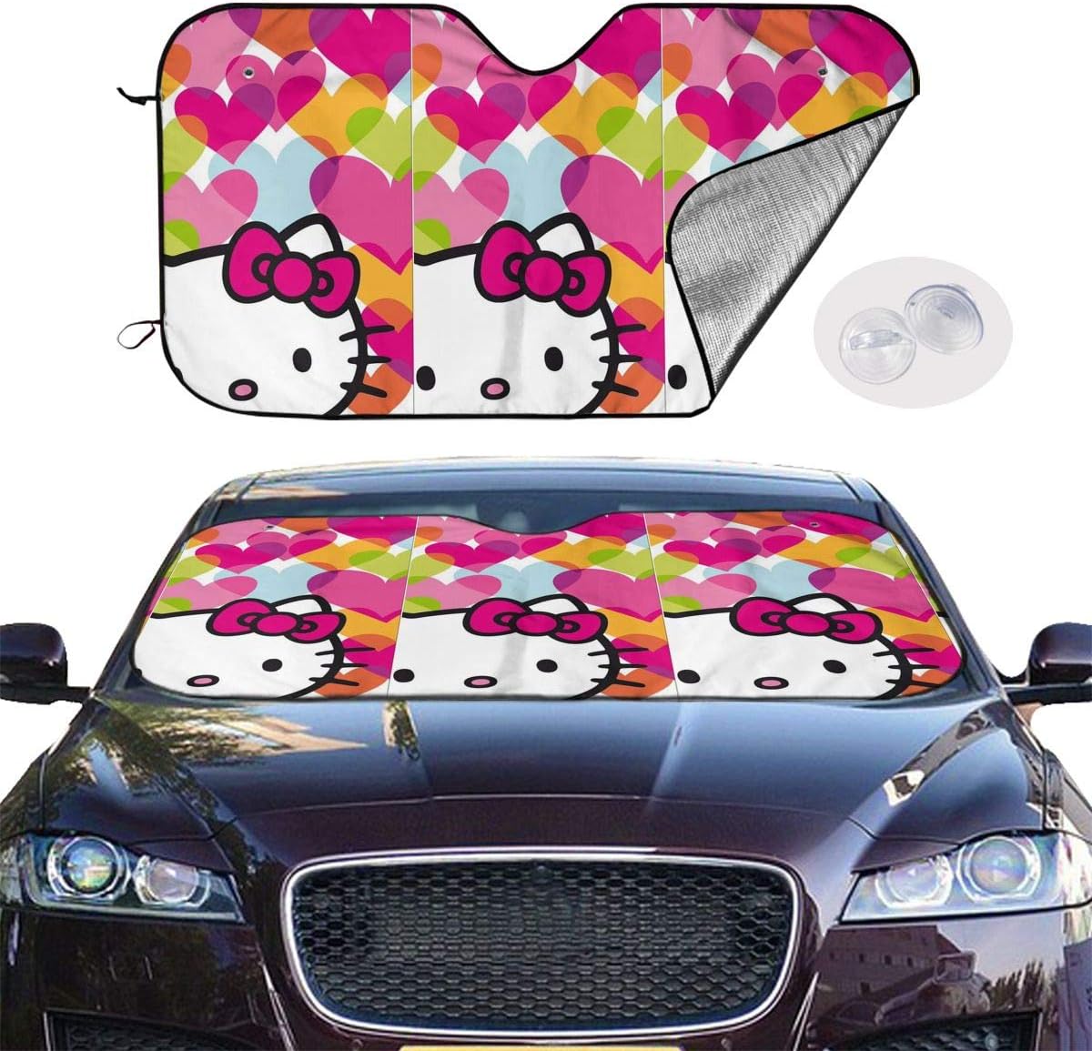 JNGBDGV Windshield Sun Shade Hello Kitty Colorful Heart Car Windshield Sunshade