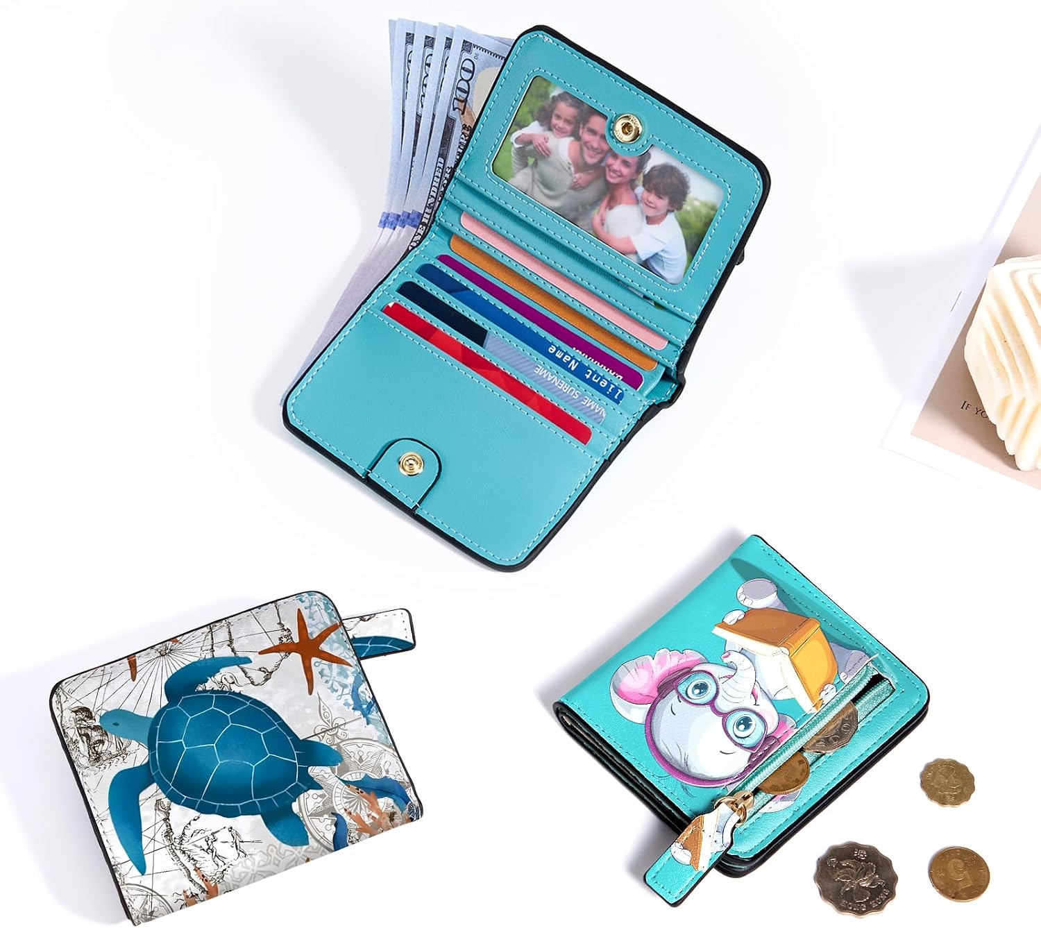 Toughergun Sea Turtle RFID Small Wallet Women, Slim Thin Vegan Leather Bifold Wallet with Zipper Coin Pocket & ID Window, Cute Mini Credit Card Holder Gift for Women Ladies Teen Girls image 2
