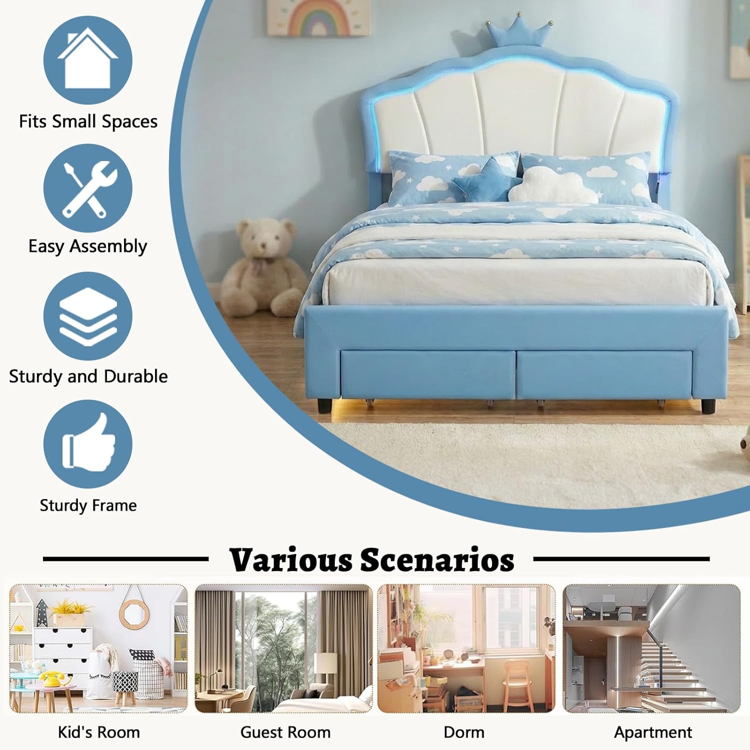 Full Size Upholstered Platform Bed Frame and Cute Princess Bed Frame for Girls, Kids: Adjustable Crown Headboard, Storage Drawer and LED Lights, No Box Spring Needed, Easy Assembly (Blue, Full)