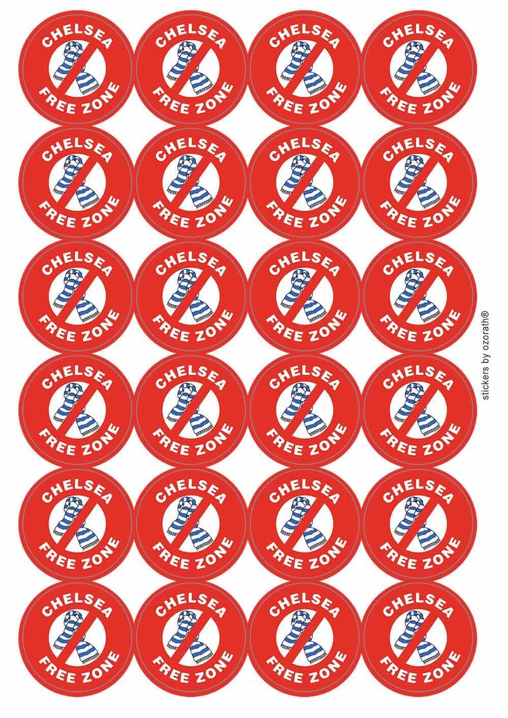 Chelsea Free Zone Funny Joke Novelty Circular Matt Paper Stickers A4 Sheet of 24 (Each Sticker is 45mm Diameter)