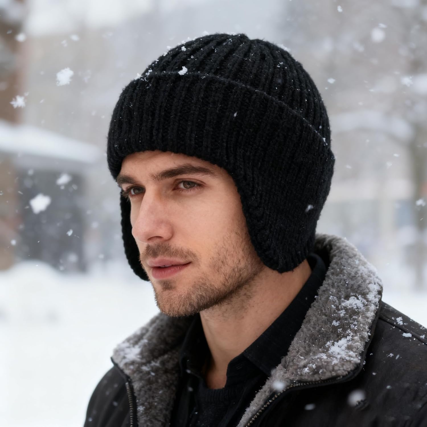 Knitted Beanie Earflap Hats Black Soft Winter Hats Ear Covers Warm Slouchy Stretchy Knit Skull Cap for Men Women image 5