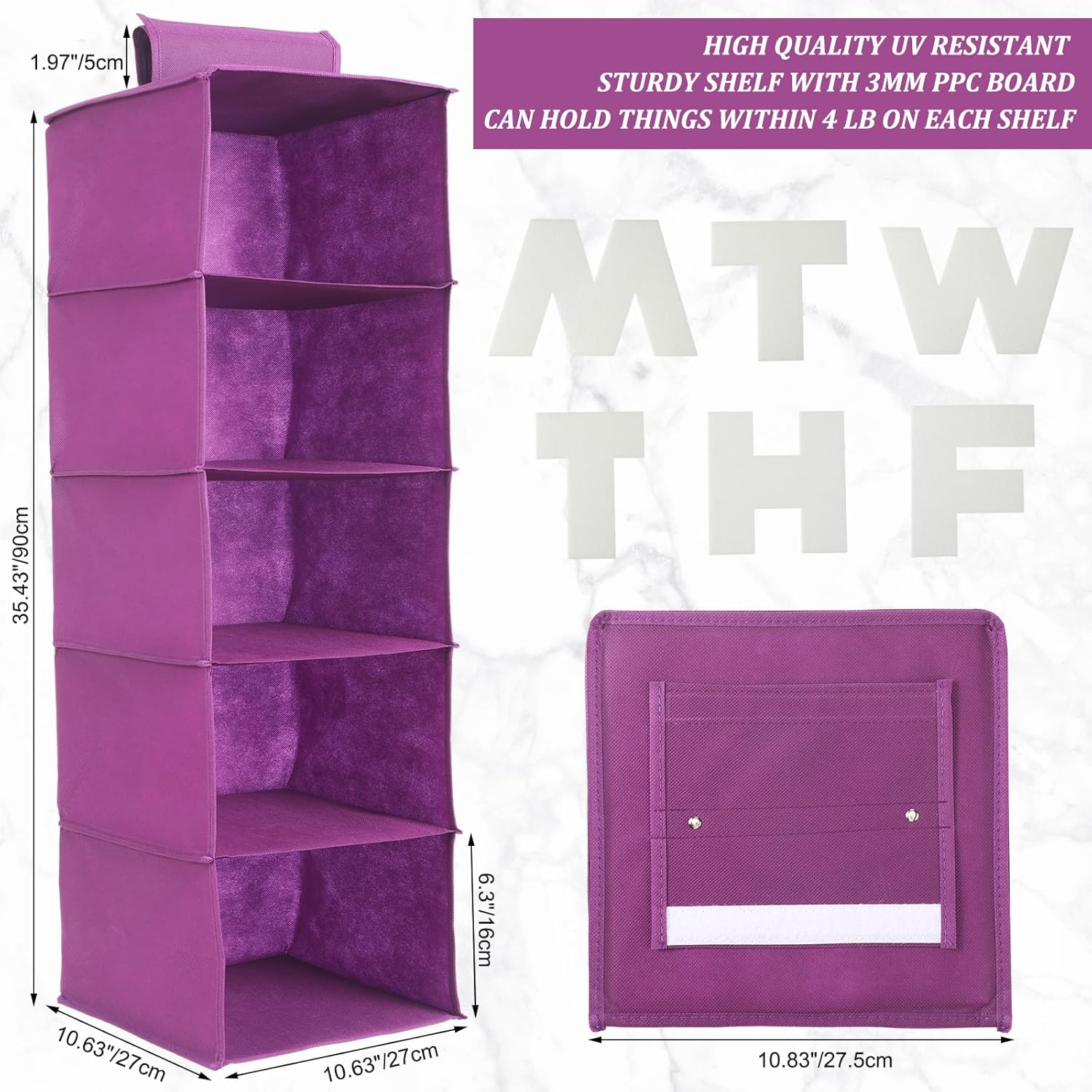 Hahafelt 2 Pcs 5 Shelf Weekly Clothes Organizer for Kids Hanging Closet Organizer Weekday Daily Activity Clothes Storage Days of the Week Outfit Storage for Monday Through Friday(Purple)