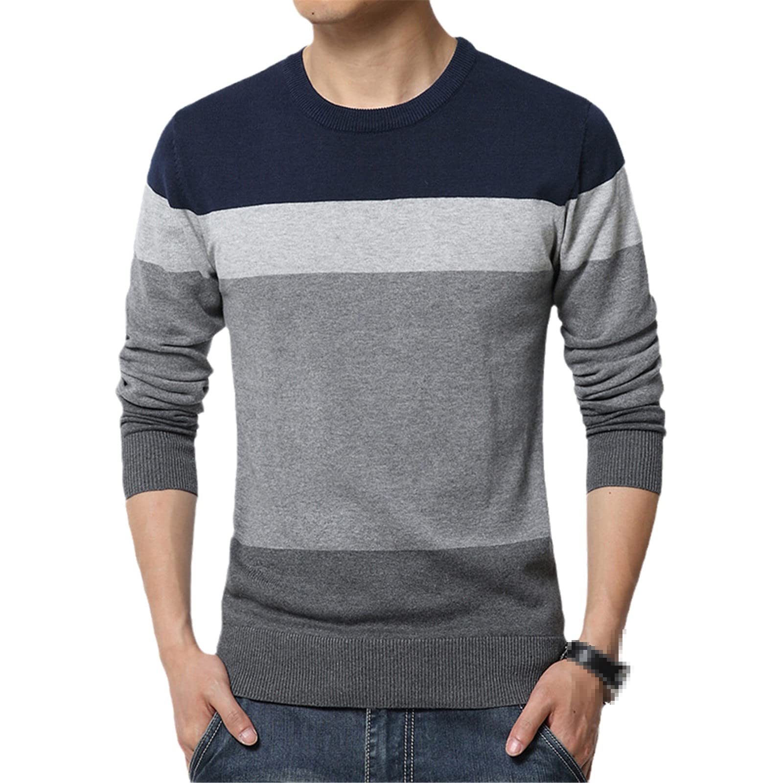 Vogrtcc Suéteres de los hombres Casual Cuello Redondo Rayas Slim Suéter Jersey Manga Larga de los Hombres Más Tamaño