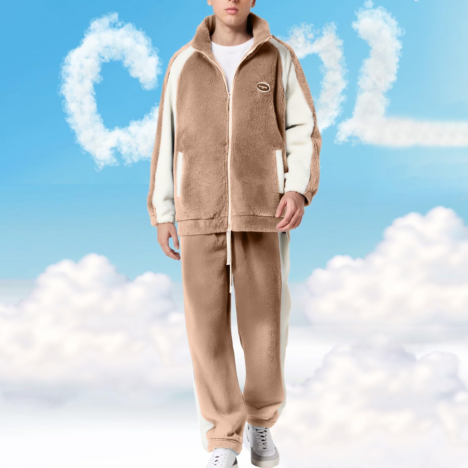 Generisch Hausanzug Herren Plüsch Schlafanzug Fleece Warmes Sweatshirt und Plüschhose Set mit Reißverschluss Pyjama Zweiteiliger Loungewear Winter Nightwear Freizeitanzug für Zuhause