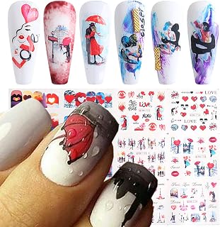 TBRZTR 12 Sheets Valentine's Day Nail Stickers Love Tower Umbrella Patterns Design Water Transfer Decals Holographic Art Sticker Decal DIY Supplies Manicure Decoration Decal, Red