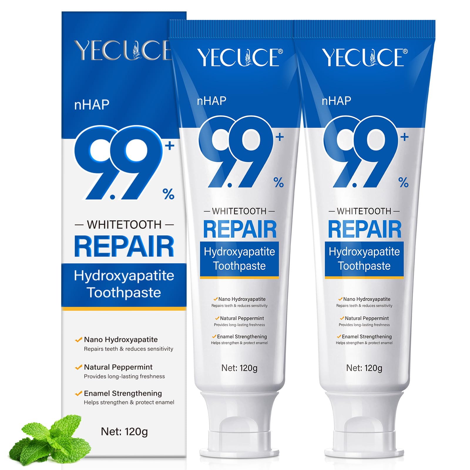 2PCS 9.9% Hydroxylapatit Zahnpasta zur Reparatur Zahnschmelzes und Stärkung Zähne, Nano Hydroxylapatit Remineralisierung Zahnpasta, Fluoridfreie, aufhellende Zahncreme für empfindliche Zähne, Minze