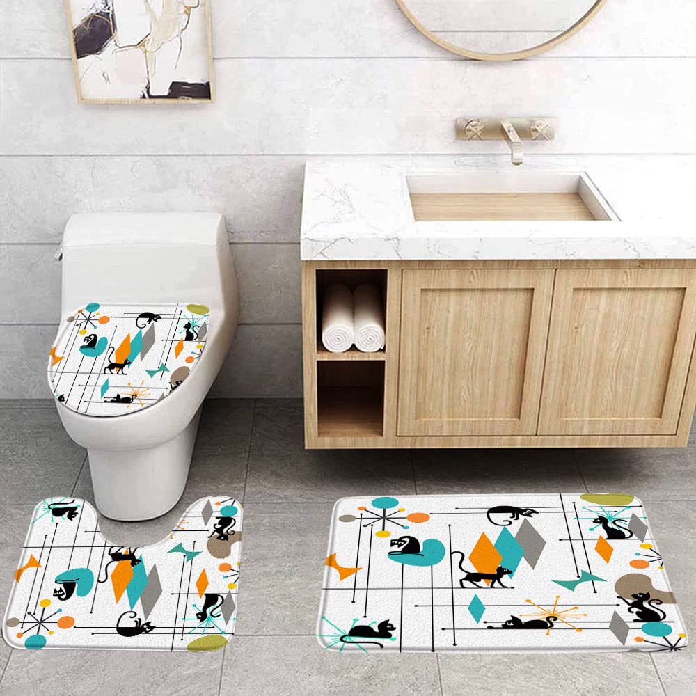 Mid Century Black Cat 3 Pcs Bath Rugs Set,Atomic Starbursts Cat Modern Abstract Geometric Iconic Retro 1950s 1960s Bathroom Kitchen Rug with 17.8