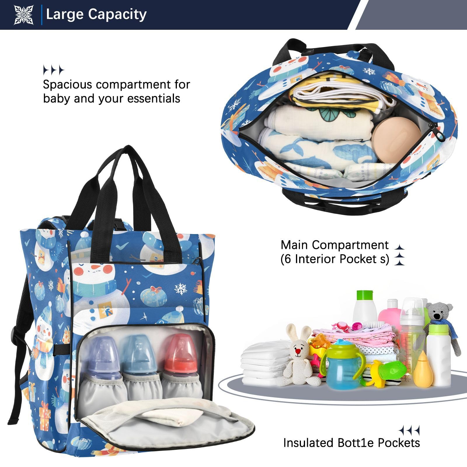 MuñEcos De Nieve Festivos Alegres Vacaciones Mochilas de Pañales para Gran Capacidad Pañal Bolso Mochila para Viajar al Aire Libre Mamá y Papá