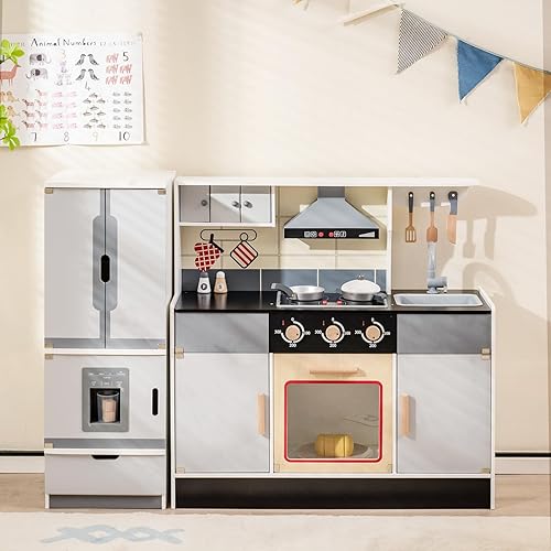 Miniatura 8 de HONEY JOY Juego de cocina para niños, cocina modular de madera de 2 piezas para niños pequeños y refrigerador con máquina de hielo, campana