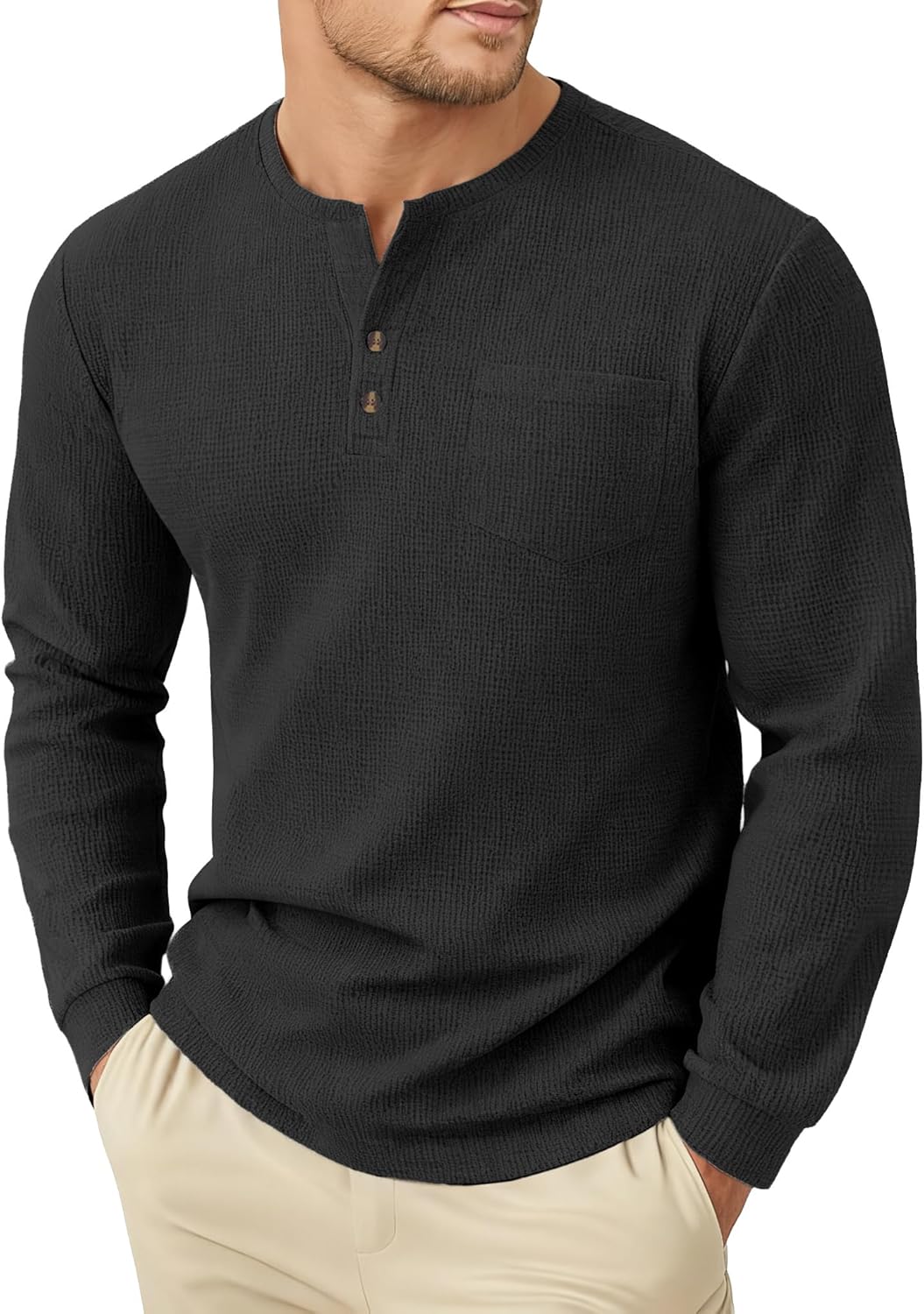 Uni Clau Men's Henley Shirts Long Sleeve Waffle Button Shirt Fall Fashion Casual Pullover Shirt
