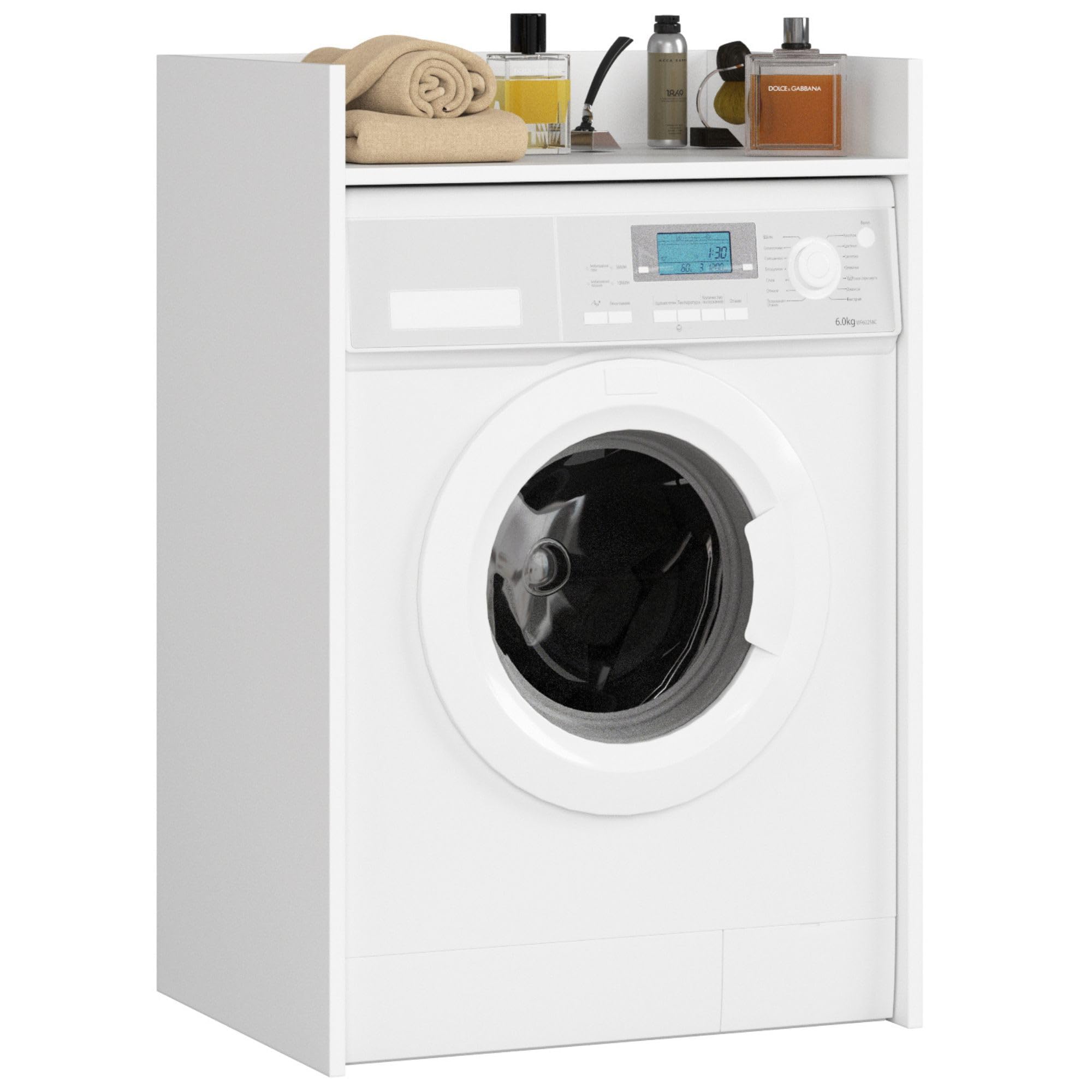 AKORD | Mueble para Lavadora de 64 cm | Apto para Lavadora y Secadora |Mueble de baño de Columna para Colocar sobre Lavadora | 64x98x50 cm | Blanco