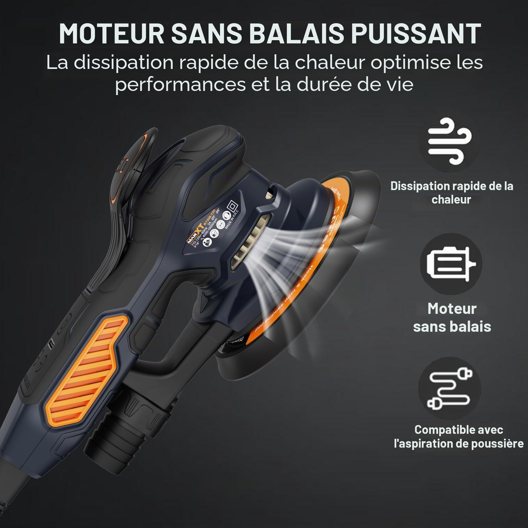 MAXXT Ponceuse Excentrique,350W 6 vitesses variables Ponceuse orbitale 10000RPM,Papier de Verre 10PCS, idéal pour le Ponçage des Produits en Bois et plus encore