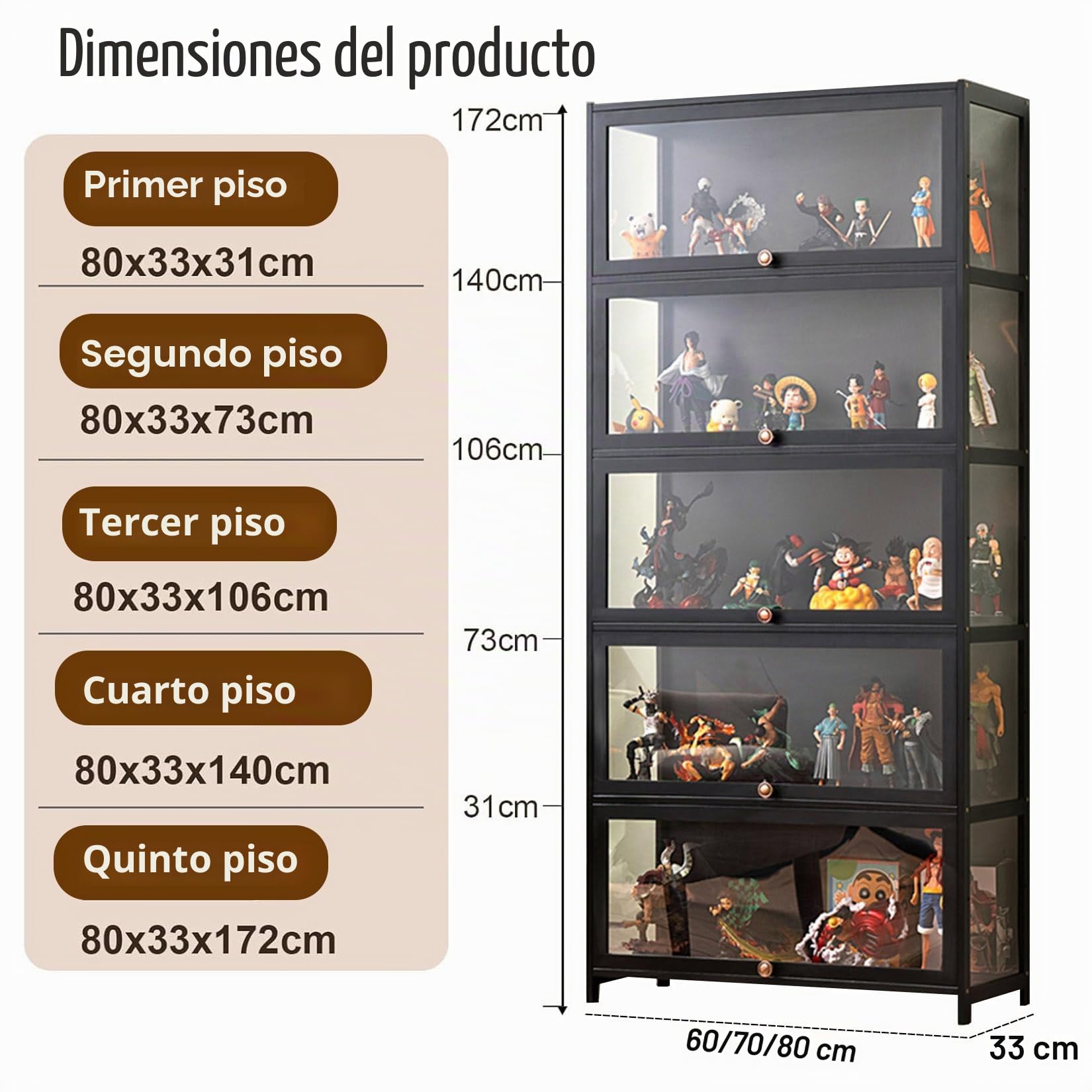 5 Capas Vitrina Expositora para Colecciones, vitrinas de Cristal, libreria con Puertas, vitrinas expositoras Marco Bambu, estanteria Figuras Coleccion(172x80x33cm Black)