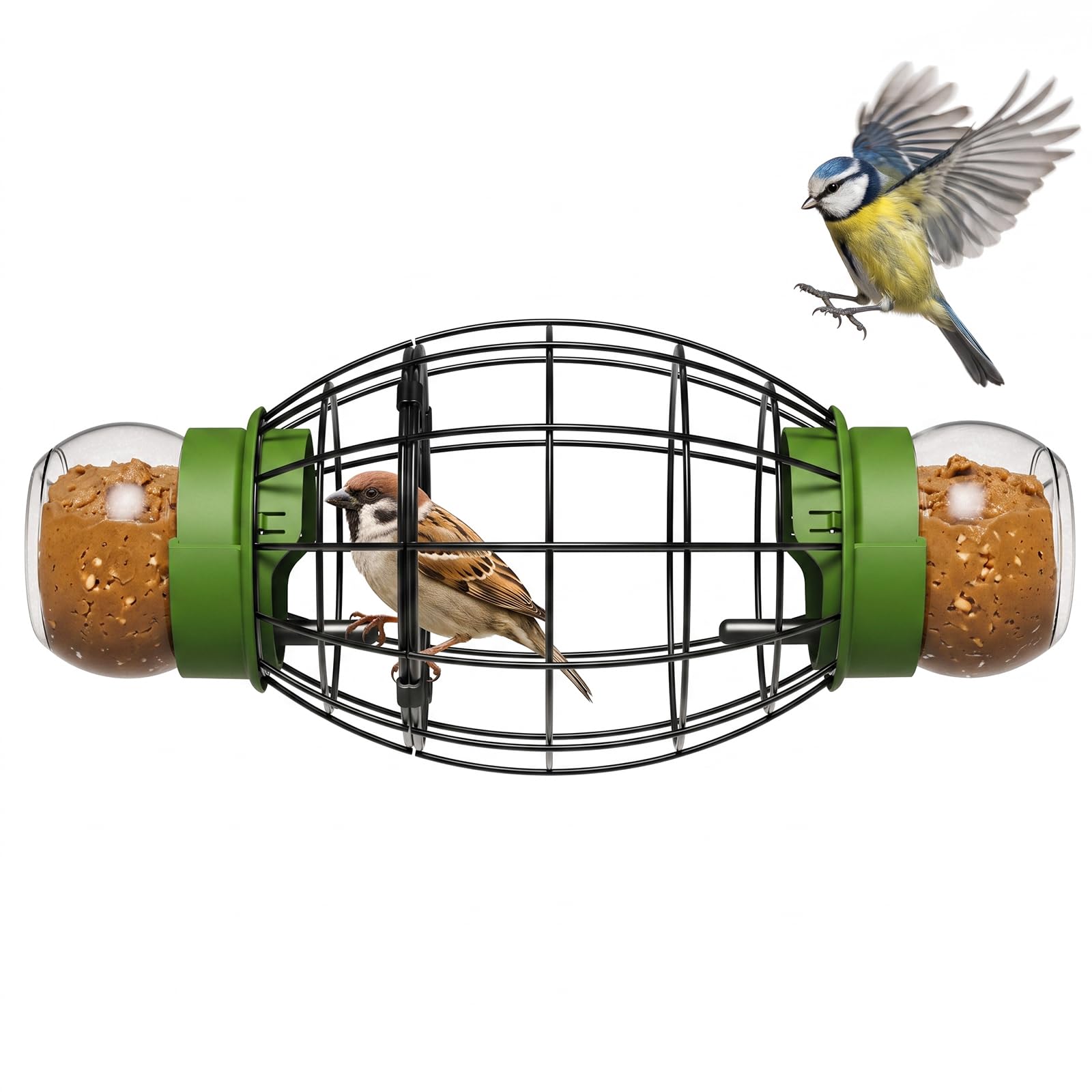 LONA Squirrel Proof Bird Feeder for Outdoor, All-Weather Metal Caged Bird Feeder for Small Birds with Peanut Butter Jar Holder and Perches, Oval Cage (2 Feeding Units)