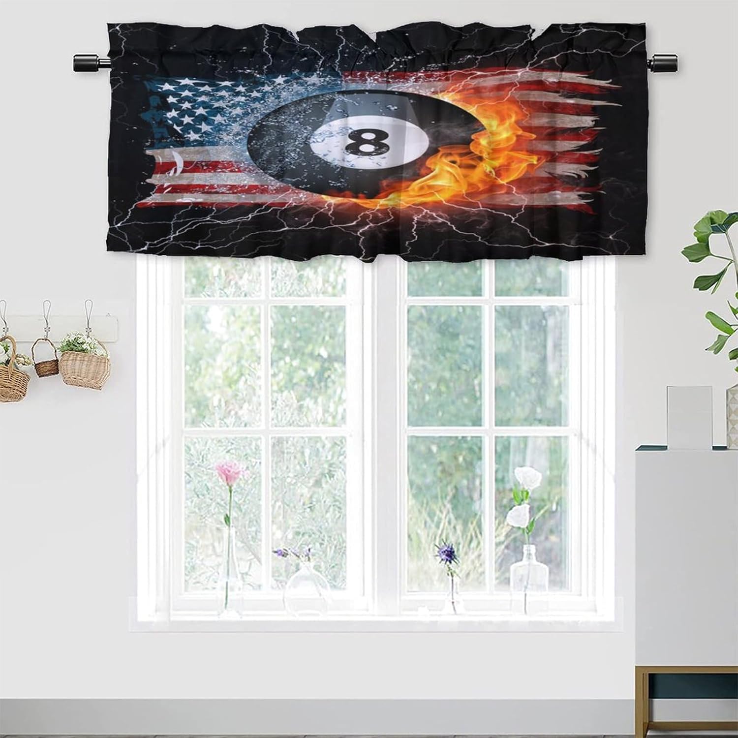 Cool Sports Theme Billiards Rod Pocket Valance Curtains,Abstract Fire Water Billiard Eight Ball American Flag Energy Efficient Rod Pocket Curtain Window Valances for Kitchen Windows,54"x18"in（2Pcs）