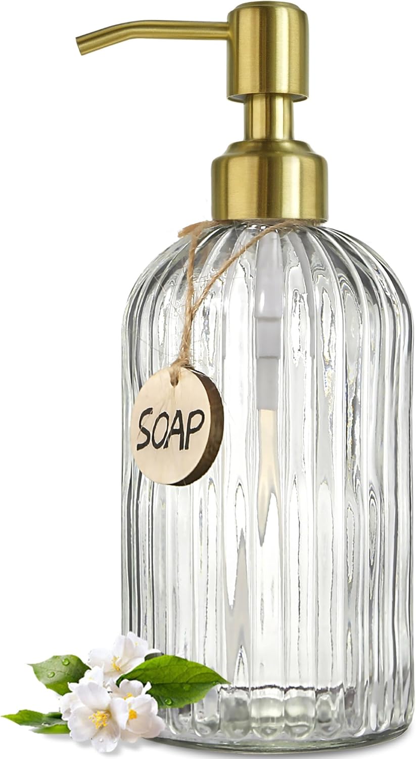 JASAI 18oz Vertical Striped Glass Soap Dispenser with Golden Pump - Elegant Refillable Dispenser for Kitchen Bathroom Hand Soap Dish Soap Lotion