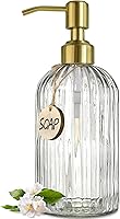 Vista 9 de JASAI Paquete de 2 dispensadores de jabón de vidrio estriado de 18 onzas con bomba dorada a prueba de óxido, dispensador de jabón de cocina Bomba