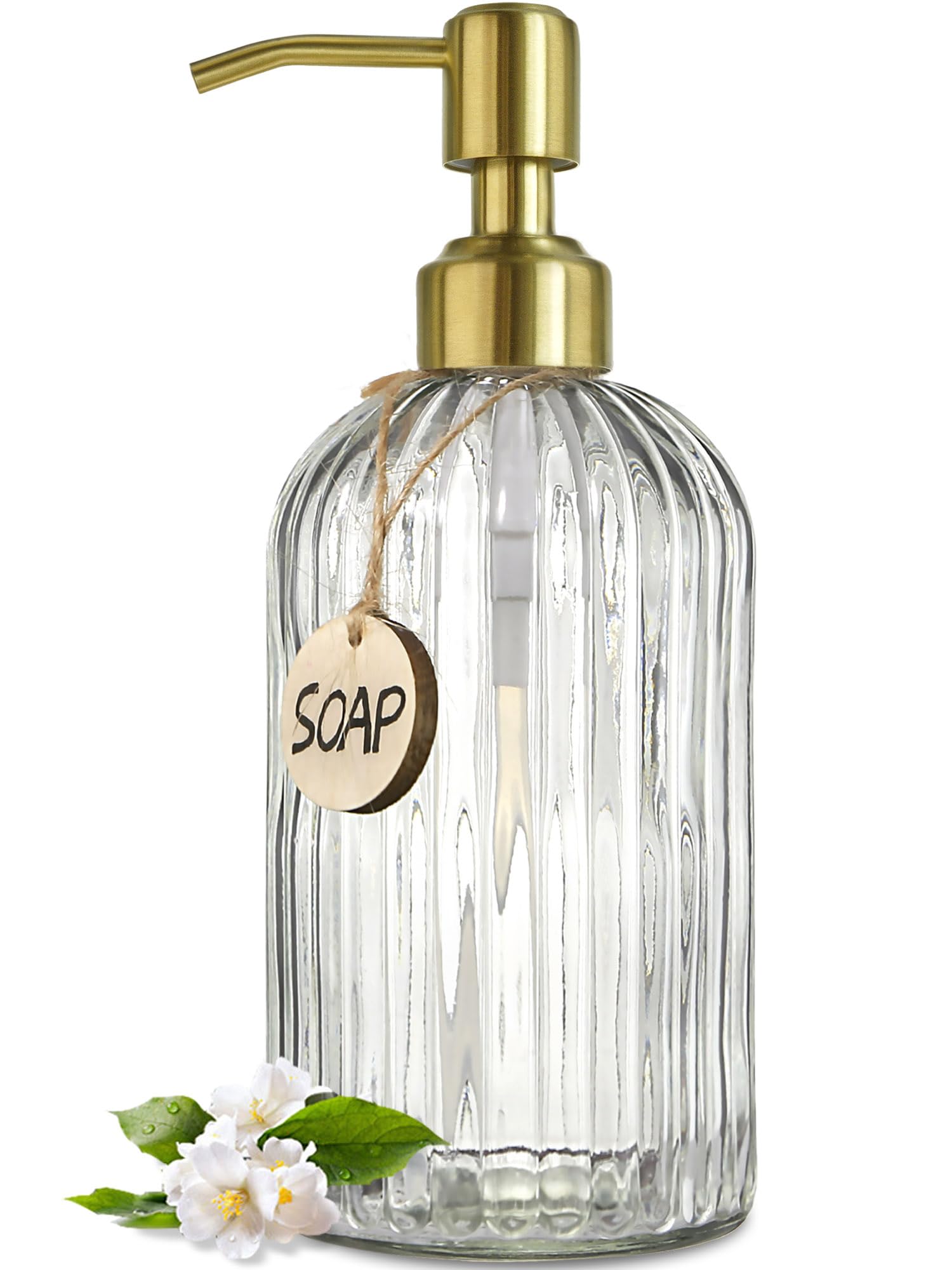 JASAI 18Oz Glass Soap Dispenser with Golden Pump for Kitchen,Refillable Liquid Hand soap Dispenser with Vertical Stripe, Clear Soap Dispenser Bathroom for Hand soap, Dish Soap, Lotion