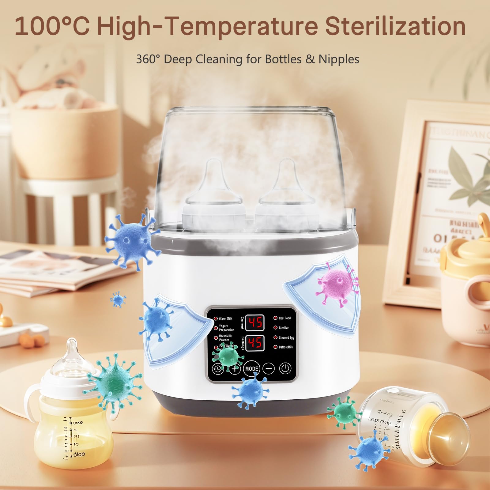 8in1 Sterilisator für Babyflaschen & Flaschenwärmer, Fernbedienung | Passend für 4 Flaschen. 100°C Sterilisation, 3-8 Min Aufwärmen, 24h Timer & Warmhalten. Mit sicherer Abschaltautomatik.