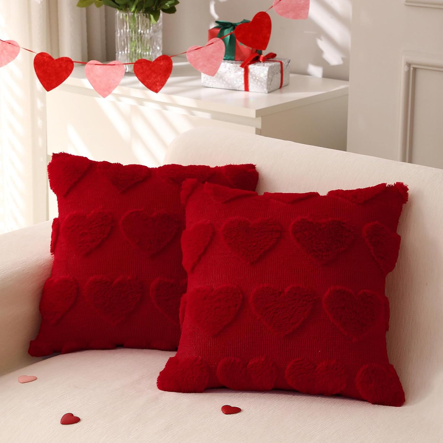 Valentines Day Throw Pillow Covers 20x20 inch Set of 2 for Valentines Day Decorations Red Soft Plush Faux Fur Wool Love Heart Pillow Covers for Sofa Living Room Couch Bed 20" x 20" (Pack of 2) Red