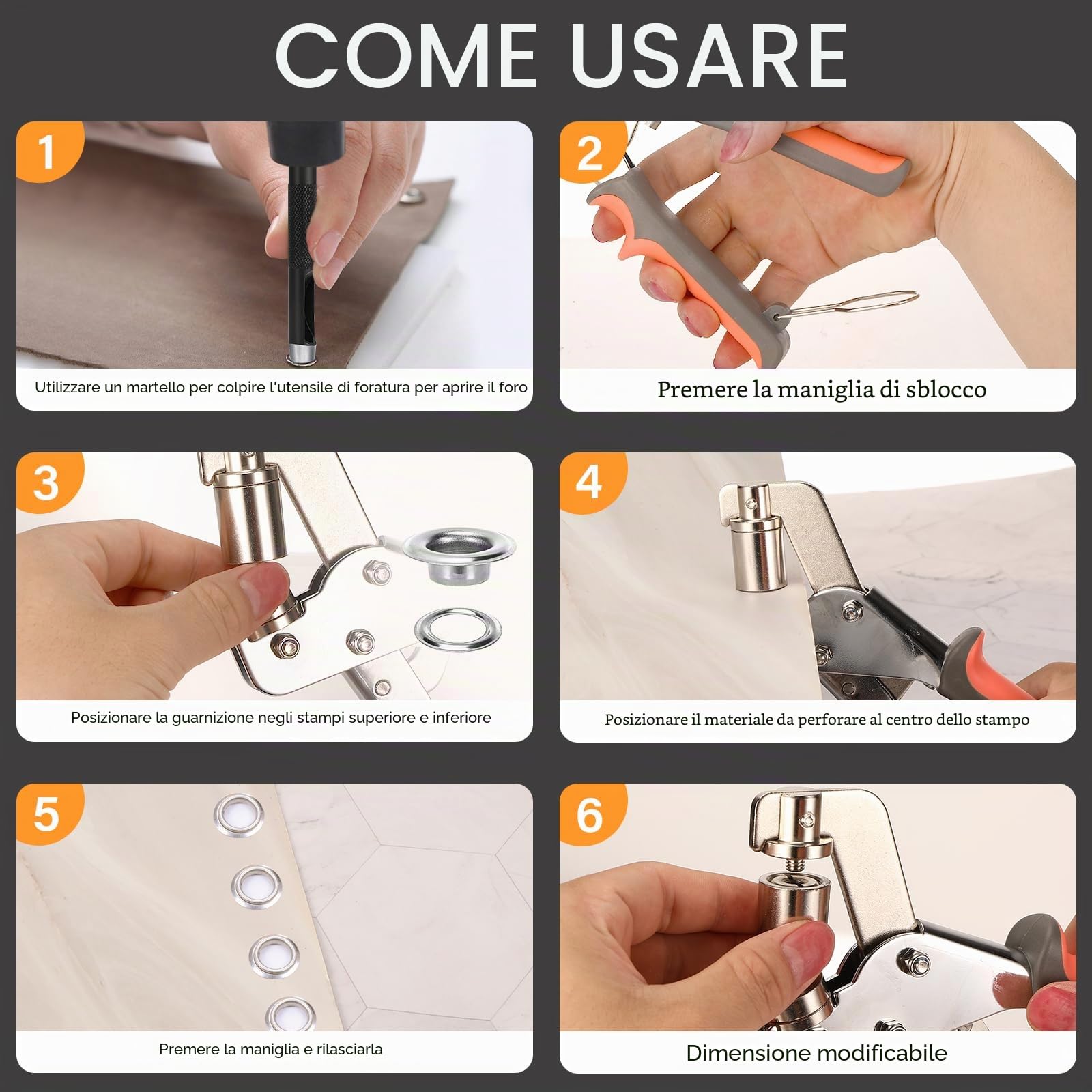Set di Occhiellatrice, Pinza per Occhielli con 400 Occhielli, 200 × Ø6 mm e 200 × Ø10 mm, Occhiellatrice Magnetico con Testine di Perforazione Intercambiabili per Teloni, Tessuti, Pelle