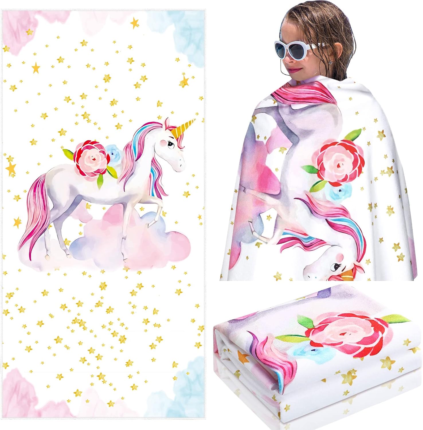 Unicorn Beach Towel Unicorn Microfiber Beach Towel Rainbow Bath Towels Quick Summer Dry Beach Blanket Sand Proof Towels for Travel Sports Swim Spa(Elegant Style)