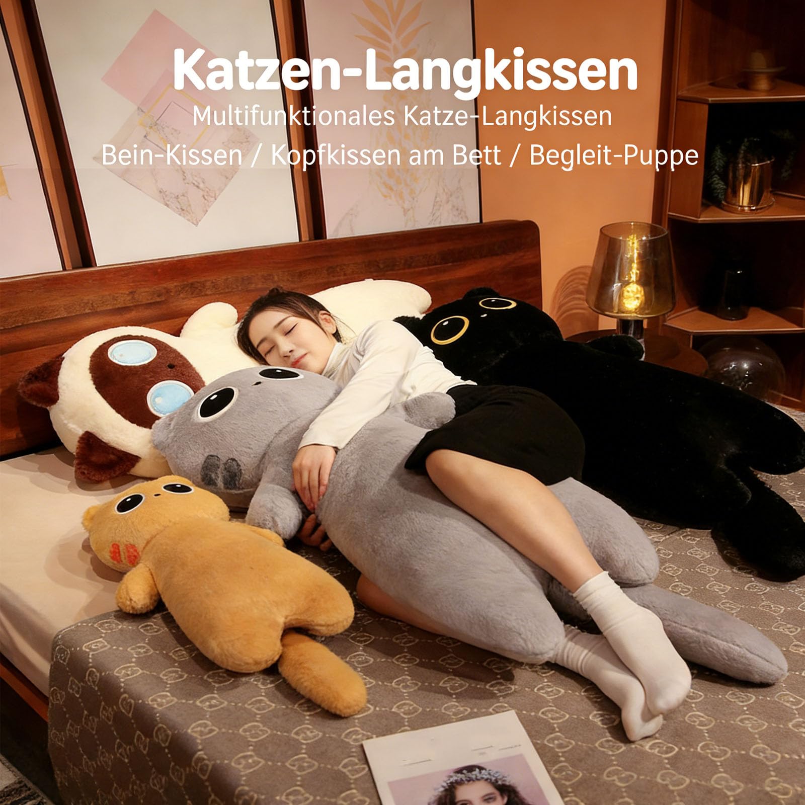 Lange Katze Kuscheltier, Katzen Plüsch Kissen, Süße Kätzchen Plüschtier, Niedlich Stofftier Spielzeug zum Spielen & Kuscheln, Plüschkatze Spielzeug Puppe Geschenk für Kinder Freundin (130cm,Beige)