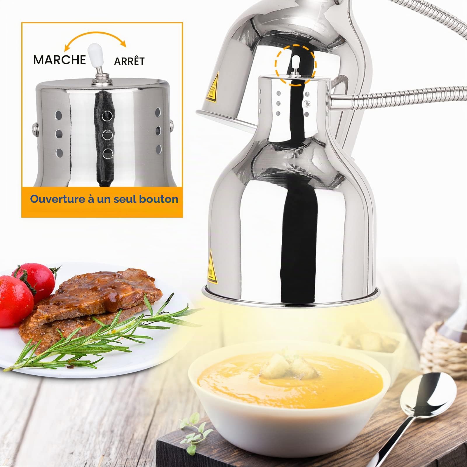 YJINGRUI 250W Self Standing Heating Lamp, Silver 2 Pack | With extendable hose up to 70 cm for buffet, kitchen, restaurant (double bulbs)