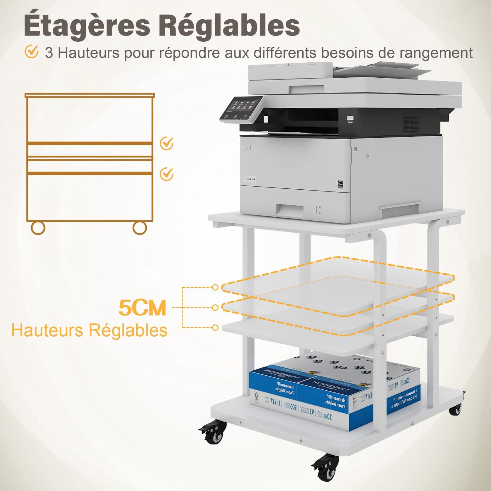 PUNCIA Support Imprimante à 3 Niveaux Meuble Rangement 60x50x68CM (Blanc) | Table de Chevet avec Roulettes Caisson Bureau de Rangement Organisateur de Stockage Charge de 90KG pour Bureau à Domicile