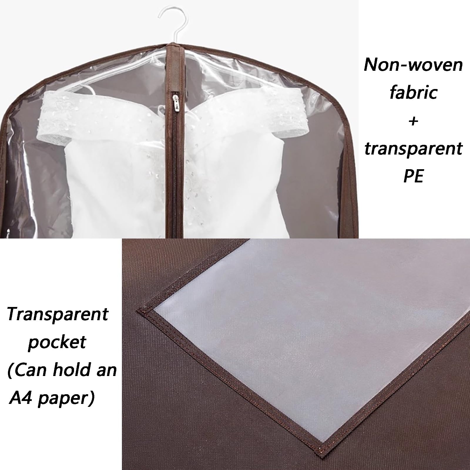 Kleidersack, Pelzmantel-Aufbewahrungstasche, Hochzeitskleid-Tasche, faltbar, tragbar, geeignet for Hochzeitskleid, Abendkleid(Brown,160 * 60 * 25cm/63 * 24 * 10in)