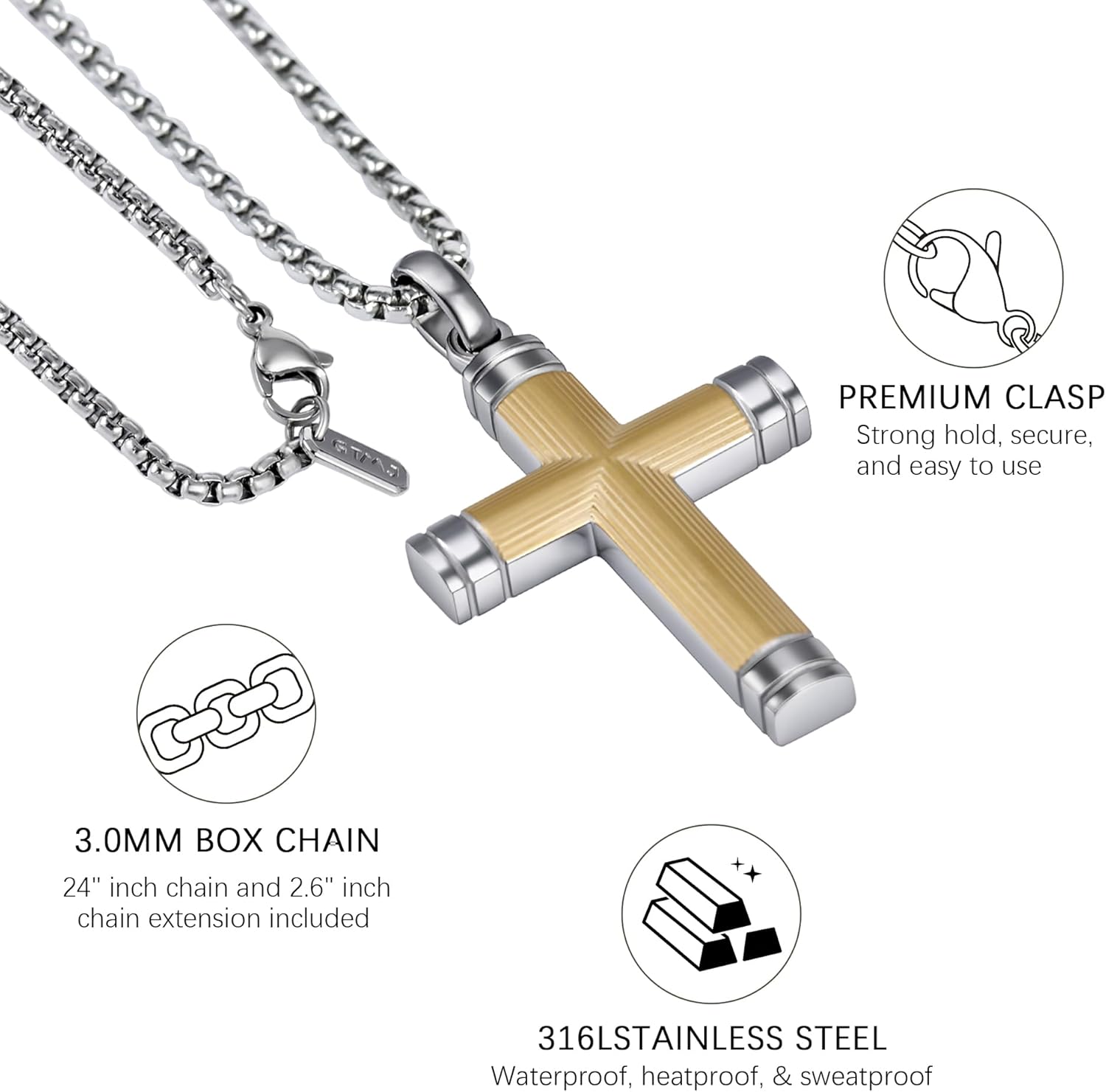 Stainless Steel Cross Necklace for Men - Stainless Steel Adjustable Box Chain 24-26in, Spiritual Jewelry Gift for Him, Everyday Wear - Image 5