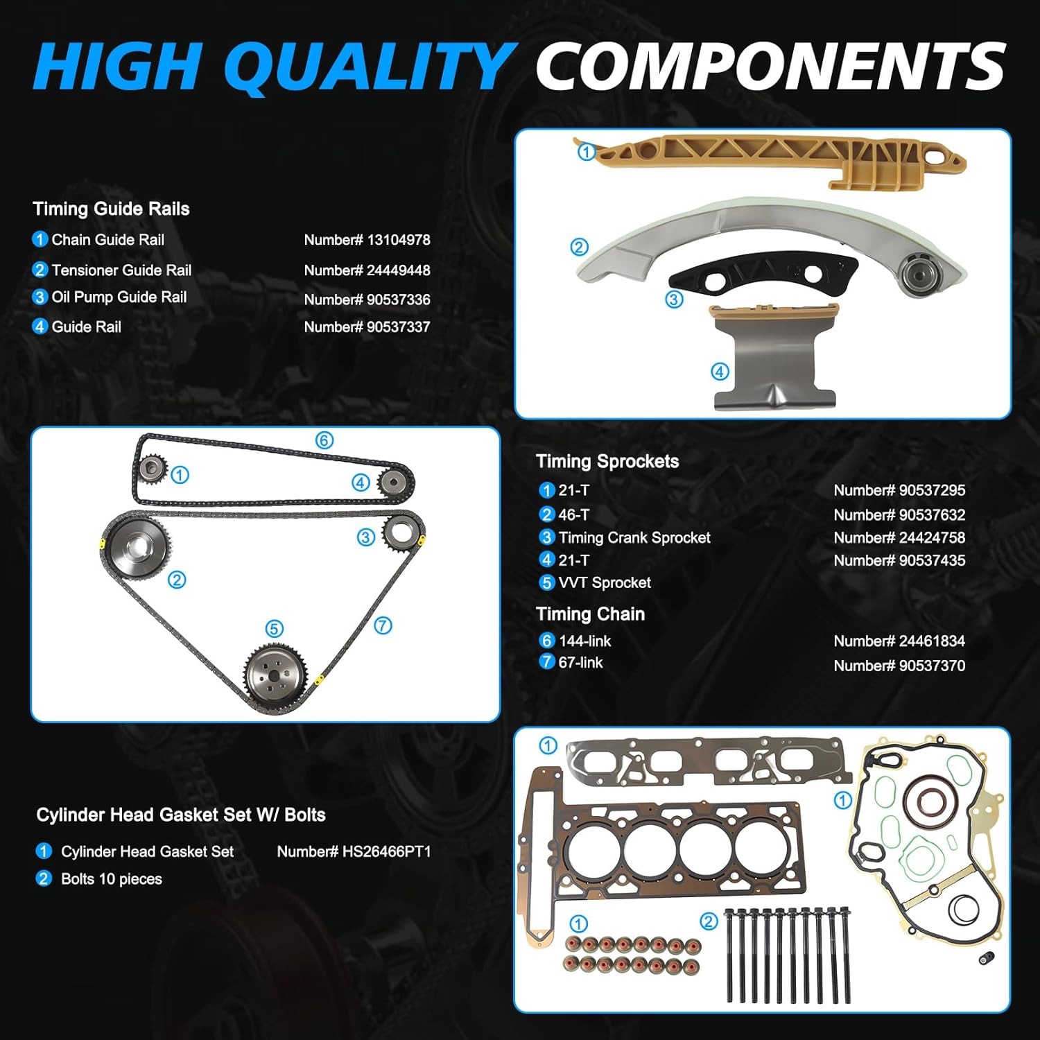 2.4 Timing Chain Kit w/Head Gasket Kit Fits for 2009-2017 Equinox/Terrain/Regal/Cobalt/Verano/Captiva Sport/LaCrosse/HHR/G5 L4 2.2L 2.4L w/Intake & Exhaust Manifold Gasket Kit with Bolts # HS26466PT