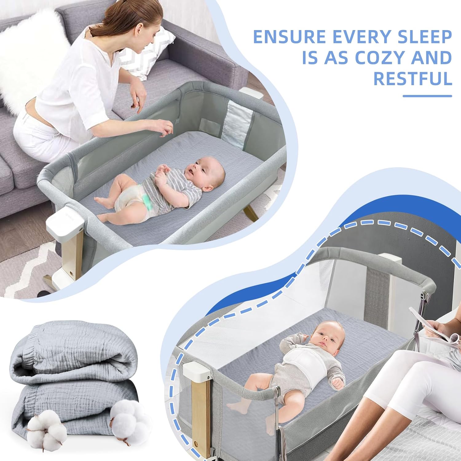 WEIGUZC 2 Pack Organic Fitted Sheets for Newton Baby Bassinet & Bedside Sleeper - 100% Breathable, Washable, and Skin-Friendly, 19"" x 35"", Grey, Gray, 0201467_2P