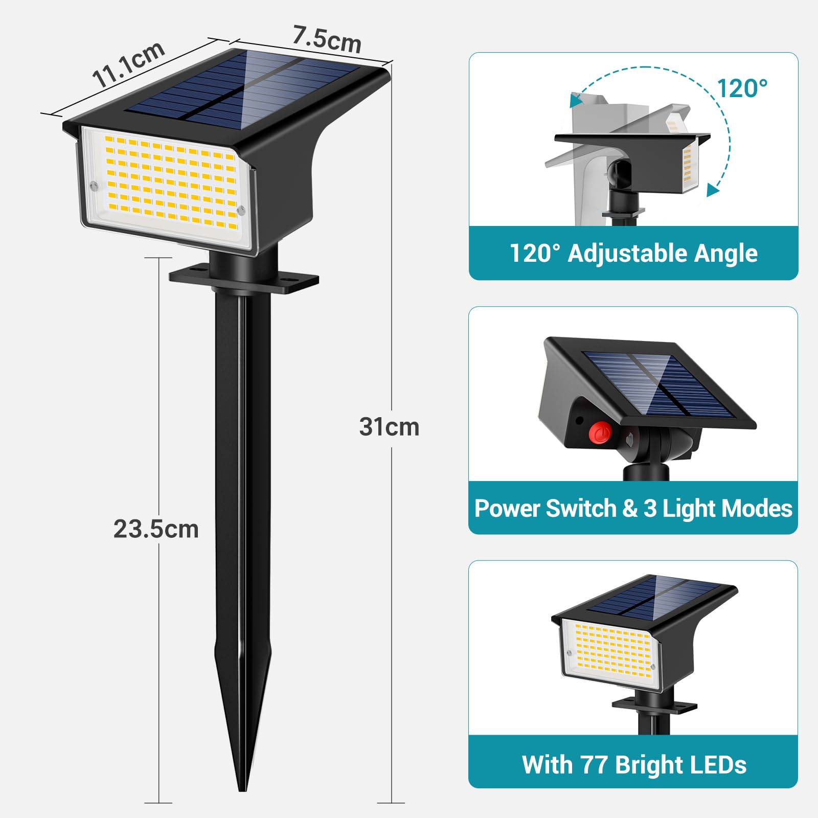kolpop 10Stück Solar Strahler, 3 Modes 77 LED, IP65 Wasserdicht, 800LM Außenleuchte, Dusk to Dawn Solarleuchten Gartenleuchten für Bäume, Outdoor Pflanzen, Hof