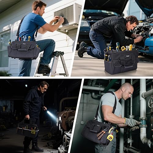 Miniatura 8 de TICONN Bolsa de herramientas de 16 pulgadas con parte inferior suave impermeable bolsa de herramientas de boca ancha con correas reflectantes de