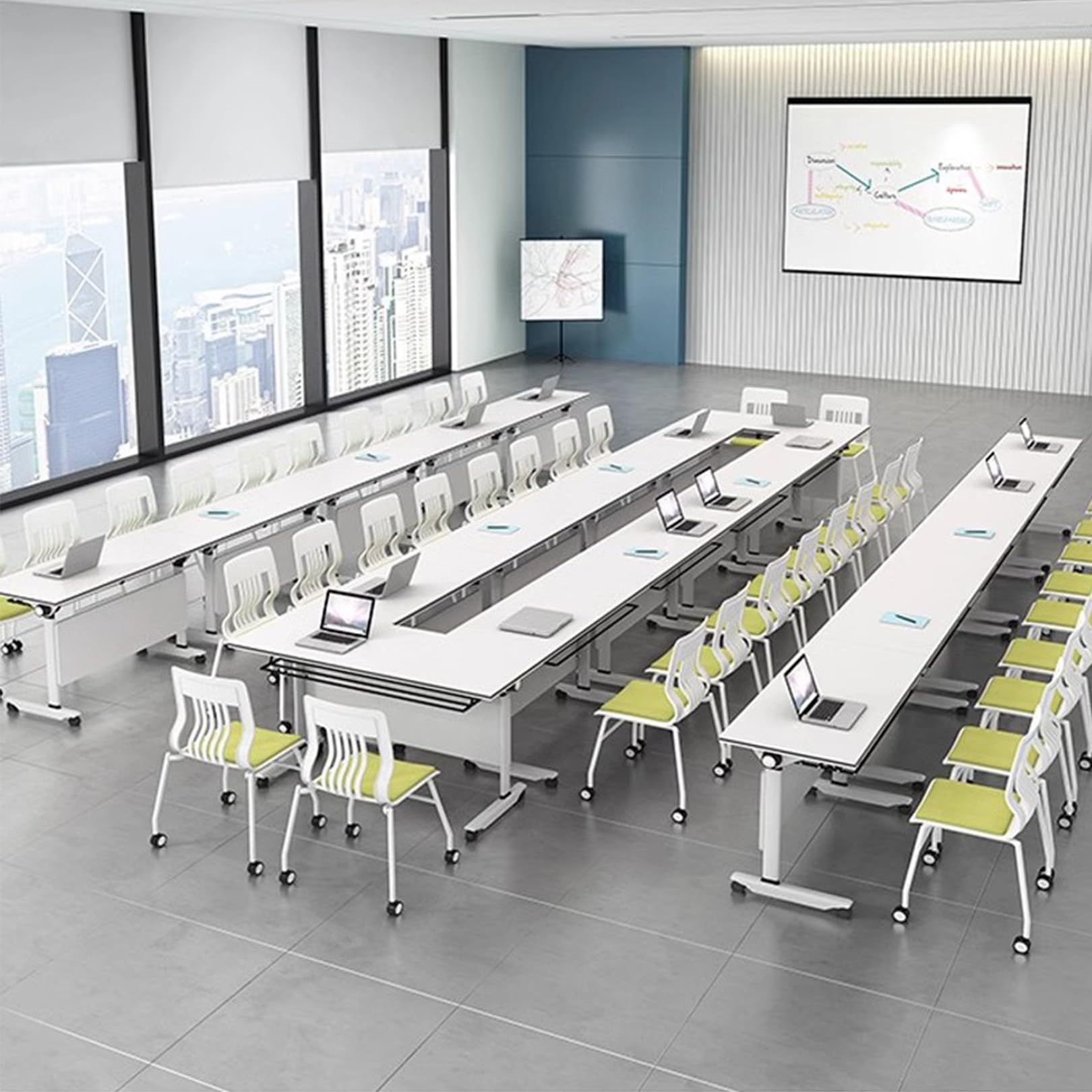 Tragbarer, klappbarer Konferenztisch, weiß, mit leisen Rollen, ideal für Büroseminare, Meetings und vielseitige Nutzung. Platzsparendes Design.