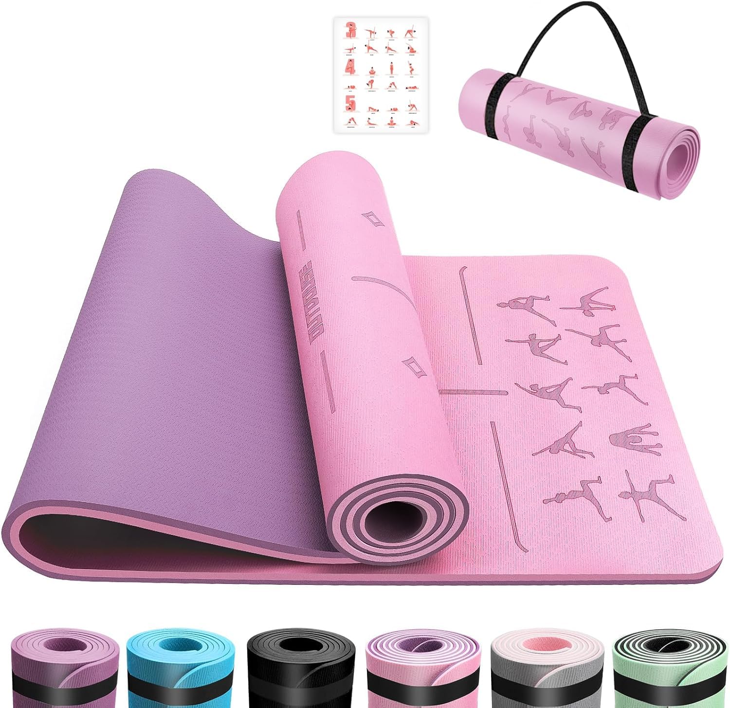 Yoga Mat with Alignment Lines,TPE 6mm Sports Exercise Mat,Non-Slip,for Gymnastics,Pilates,Home, Travel,Gymnastics Mat with Storage Straps,Yoga Mats for Women and Men,183x61x1cm