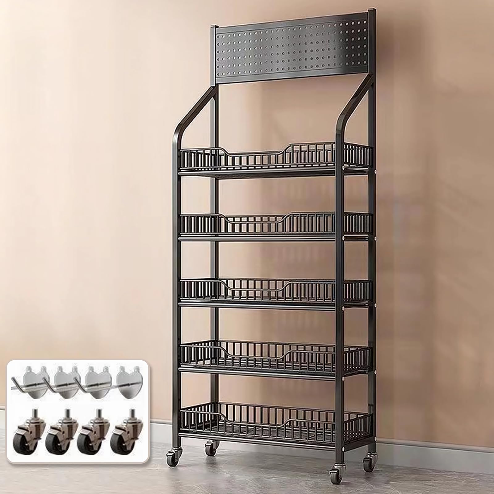 黒い金属製収納ラック 4段 3バスケット付き 黒い金属製収納ラック 4段 3バスケット付き 黒い金属製収納ラック 4段
