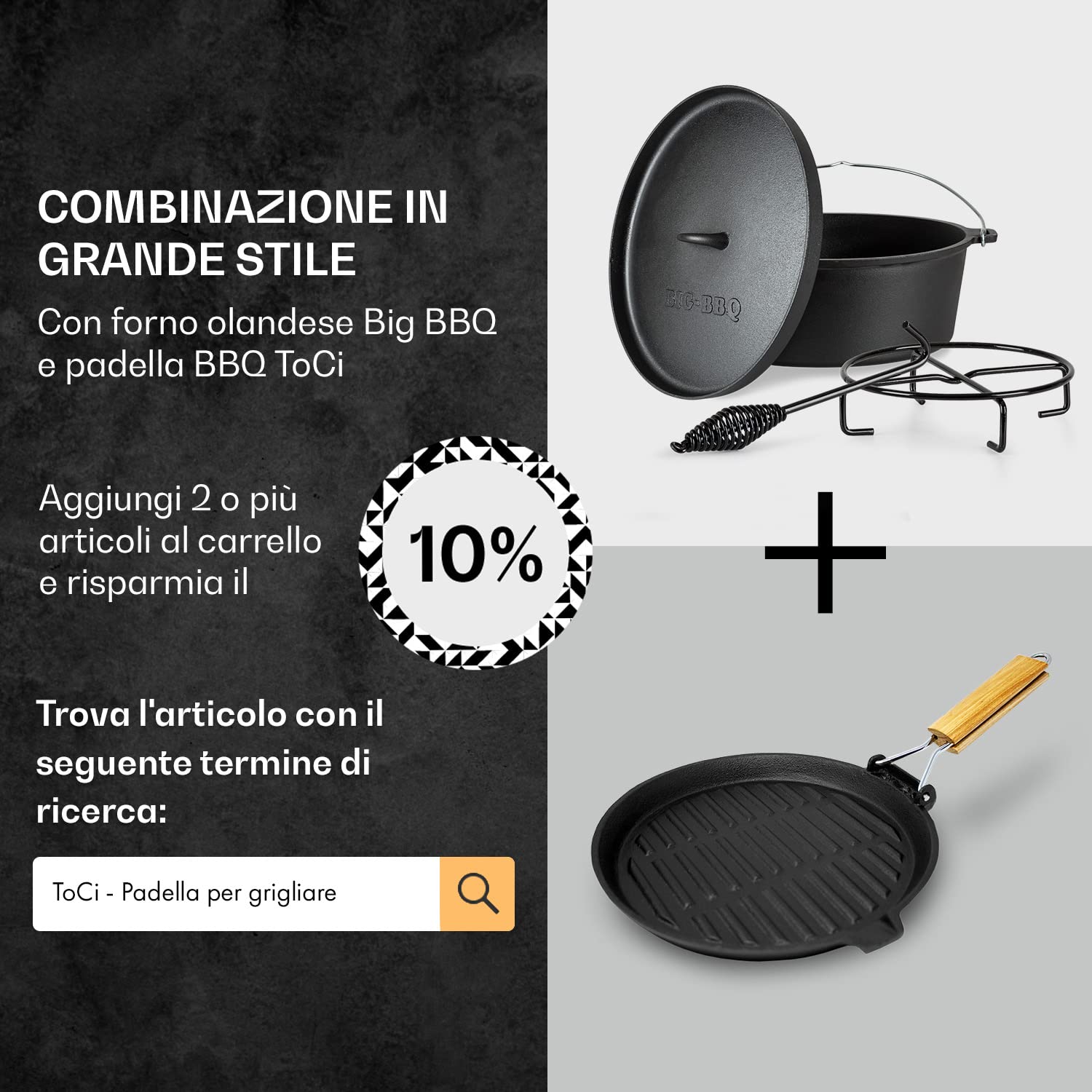 ToCi Dutch Oven Pre-Stagionato, Forno Olandese con Coperchio in Ghisa, Casseruola da Campeggio con Leva e Supporto del Coperchio, 10.7 Litri
