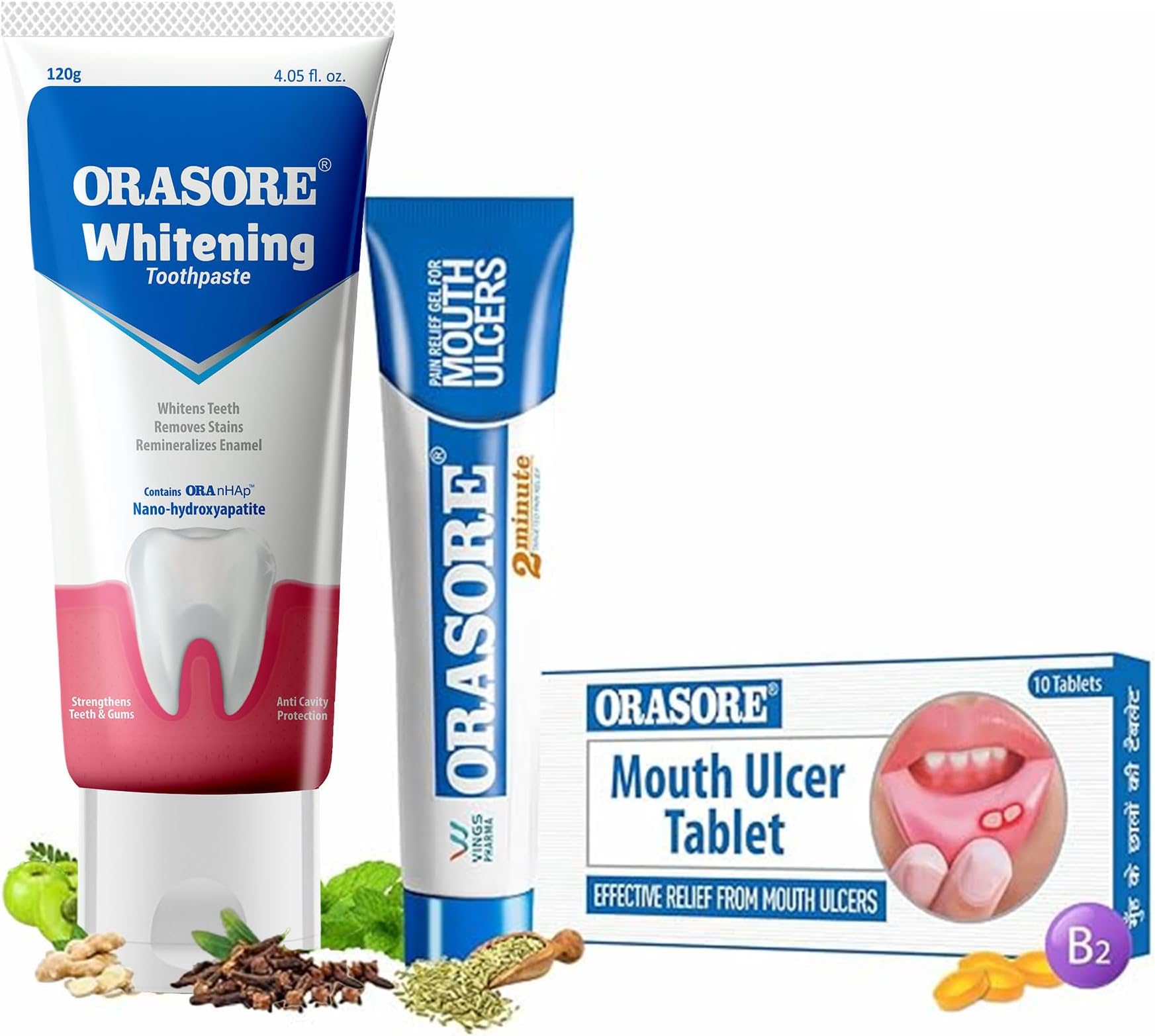 Perfect Trio Combo | Mouth Ulcer Gel 12g + Mouth Ulcer Tablets (10) with Free Pen + nHAp Whitening Toothpaste 100g | Radiant Smile, Oral Ulcer Control & Probiotic Support