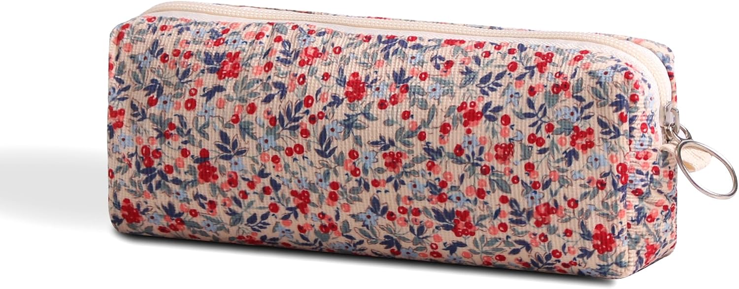 Pencil Case Pen Case Office College School Storage Bag Pouch Holder Box Organizer Makeup Pouch Cosmetic Bag Aesthetic floral flower Cute Pencil Case for Girls Boys Kids (Small floral beige)