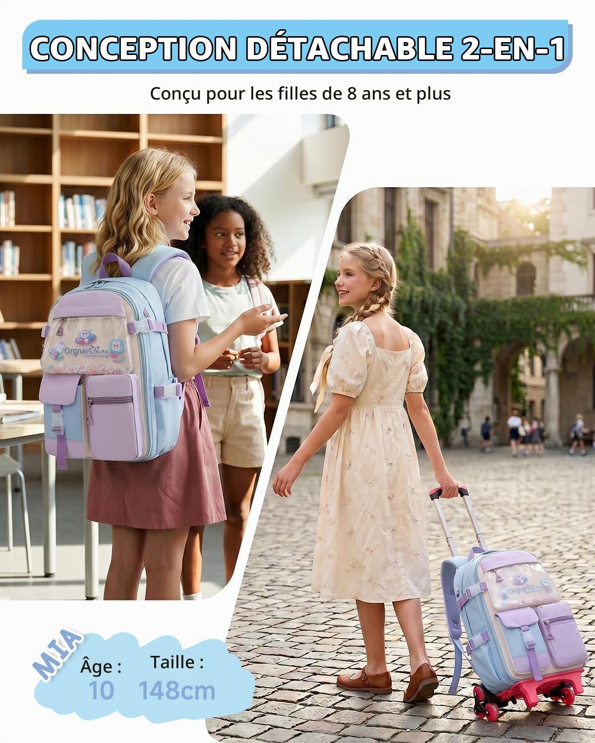Tanou Sac à Dos d'école à Roulettes pour Fille, CE1 à la CM1