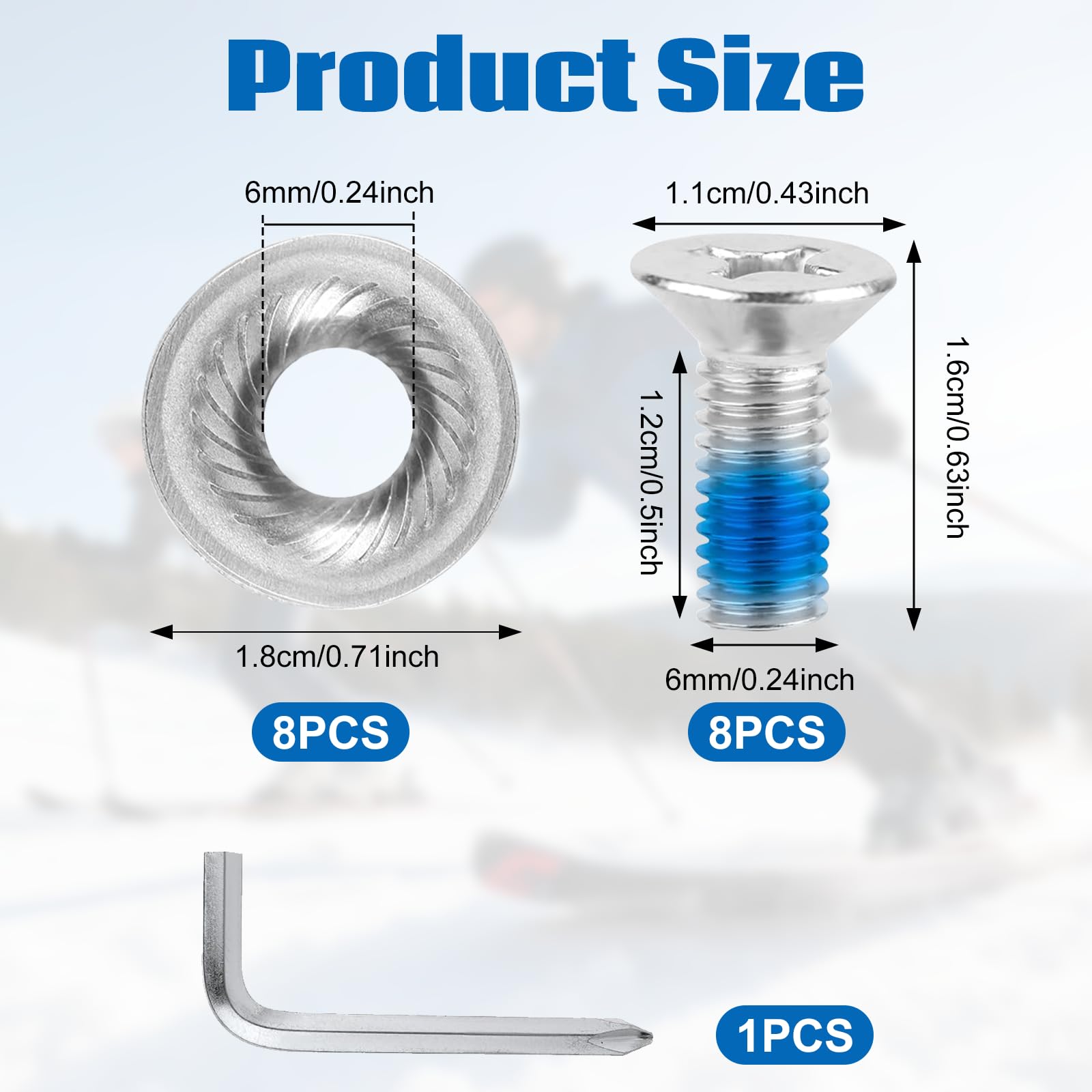 Set di 8 viti per attacchi snowboard, viti di fissaggio M6 in acciaio inossidabile con rondelle antiscivolo, viti per attacchi snowboard con cacciavite per ricambi snowboard sportivo