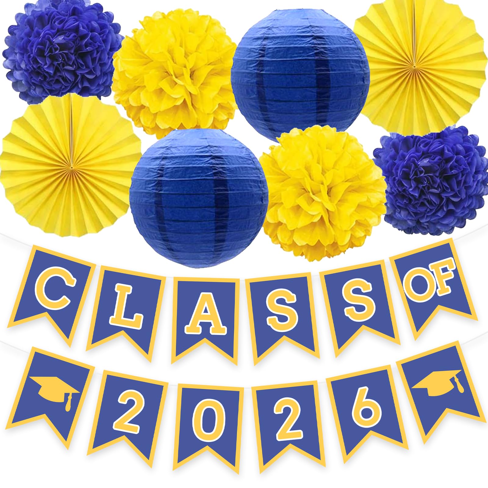 Blue Yellow Graduation Party Decoration Class Banner Hanging Pom Poms Flowers High School College Grad Supplies