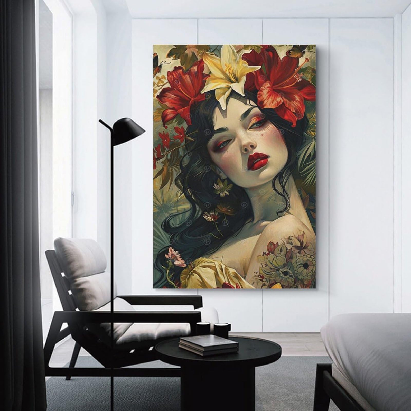 Junmoney Floral Portrait of A Woman Room Decor Wall Art, 20x30inch(50x75cm), for Living Room, Lounge Or Sitting Room, A Home Accent with Warm Character