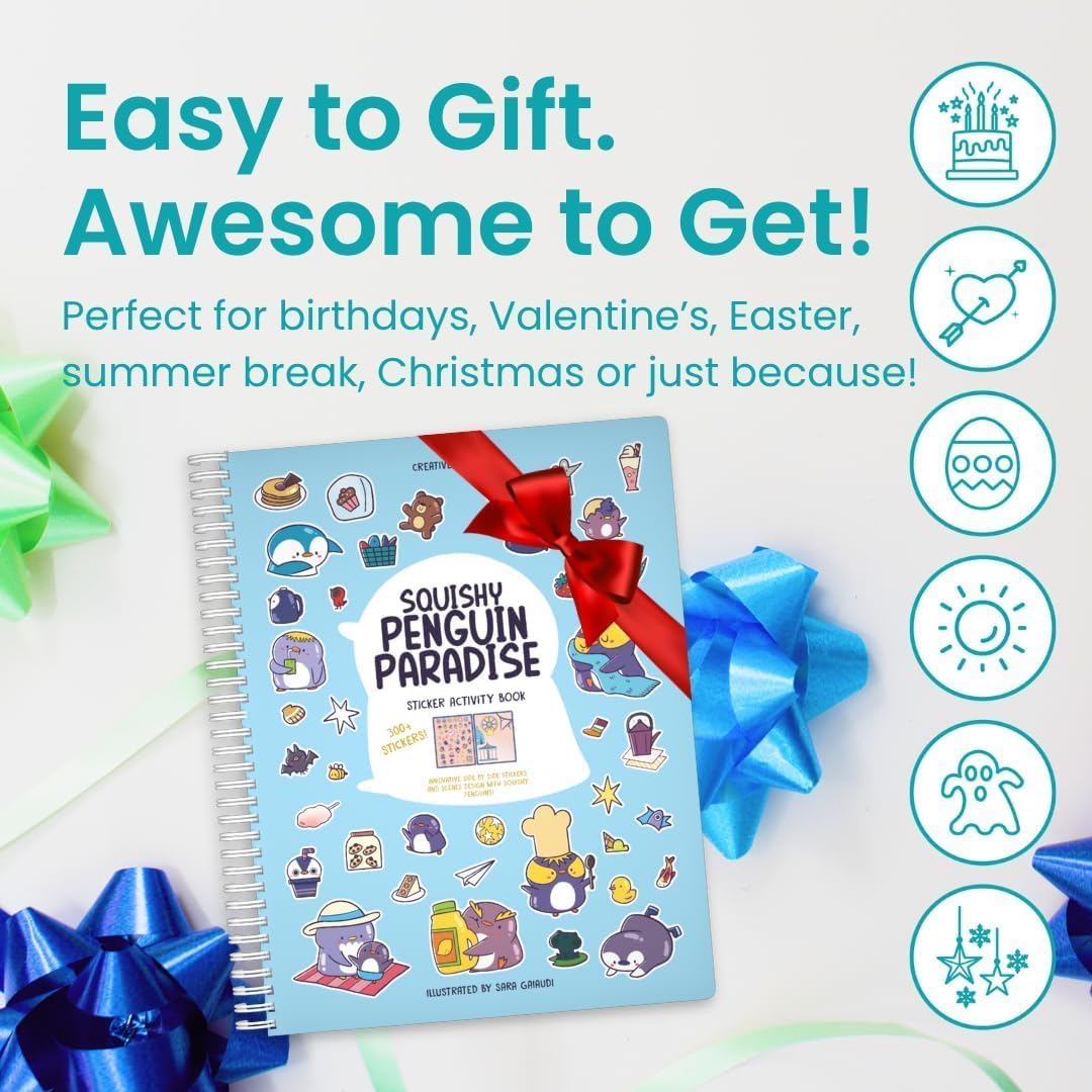 Penguin 300+ Kids Sticker Book by Cupkin Toddler Airplane Travel Coloring and Sticker Book, 8 Coloring Pages 8 Side by Side Scenes for Children's of 2-8 Years, Valentines Gifts for Kids - Image 7