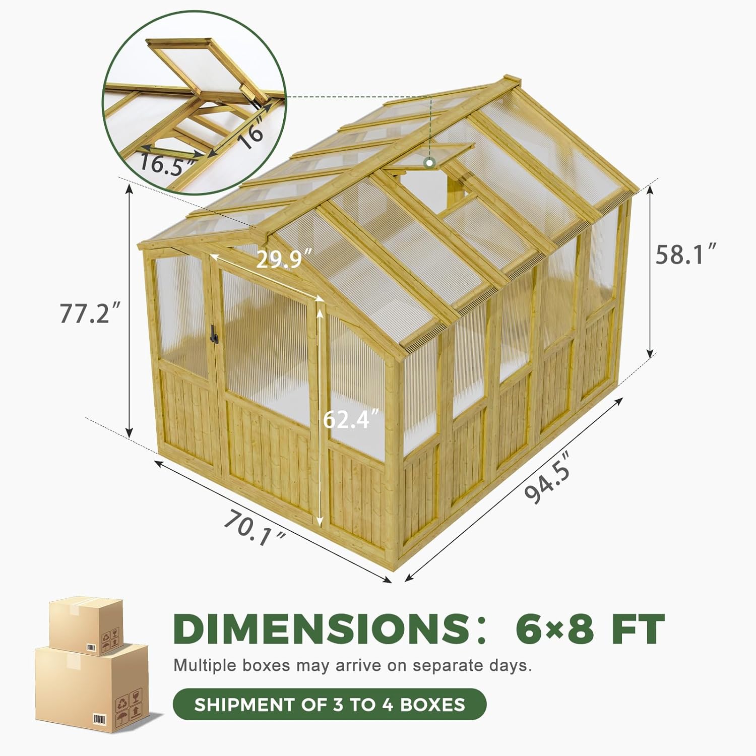 6x8 FT Wood Greenhouses for Outdoors Heavy Duty, Outdoor Greenhouse Kit with Adjustable Roof Vent and Reinforced Panels, Walk in Polycarbonate Greenhouse for Outside Backyard Garden Yard, Natural