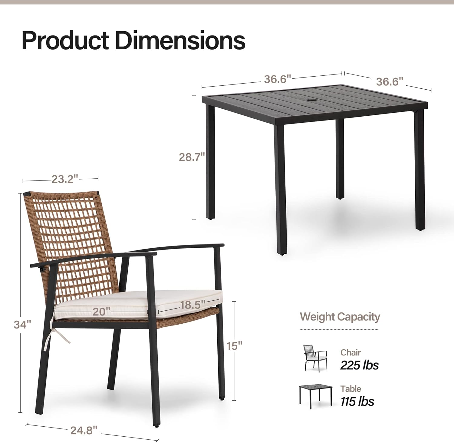 5 Pieces Patio Dining Set, Outdoor Furniture Set of 6 Chairs with Soft Cushion and Rectangular Table with Umbrella Hole,Outdoor Dining Set for Backyard, Garden and Poolside